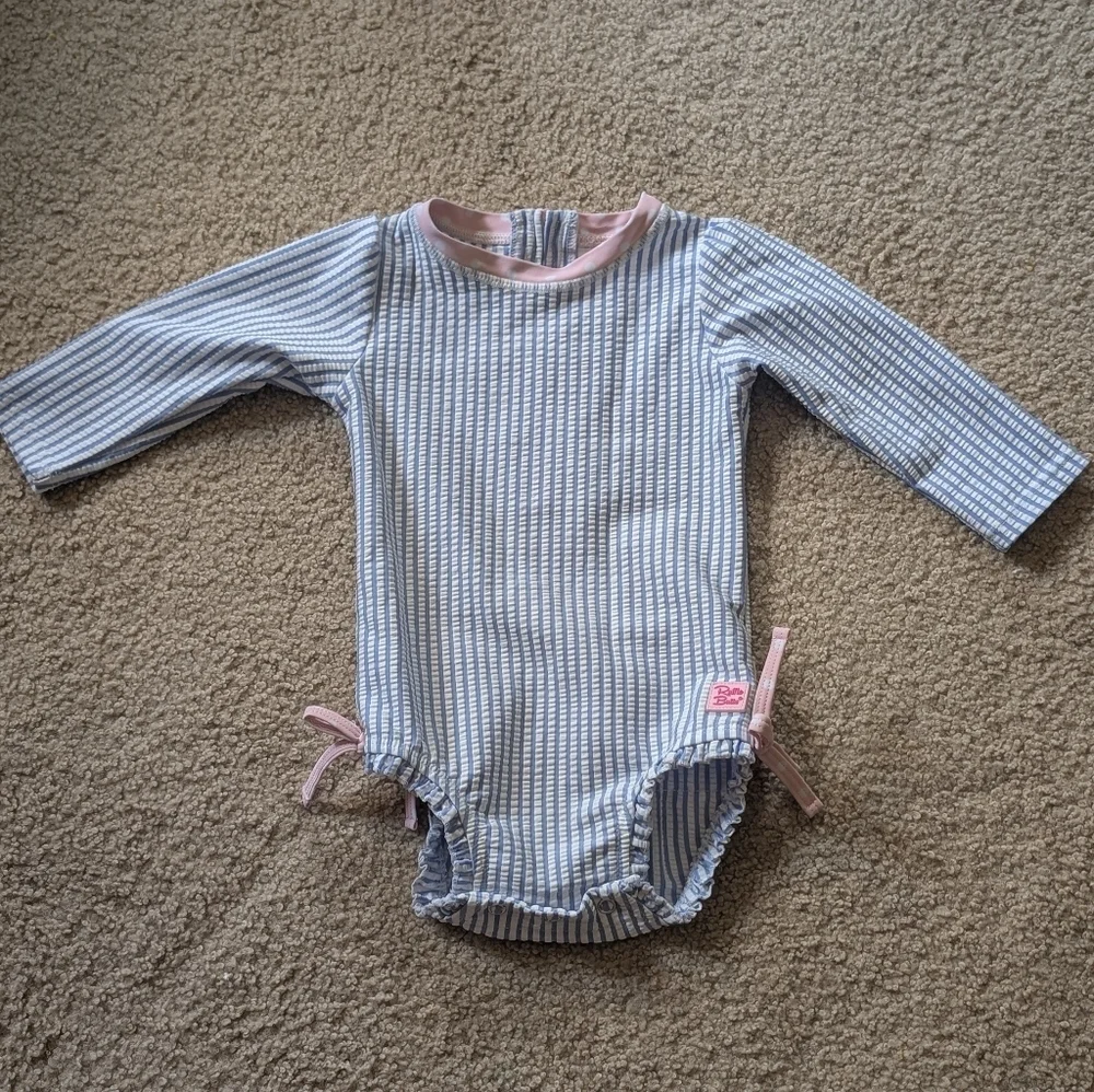 Ruffle Butts Seersucker Long Sleeve Rash Guard Periwinkle Blue Pink Size 6-12 M_5